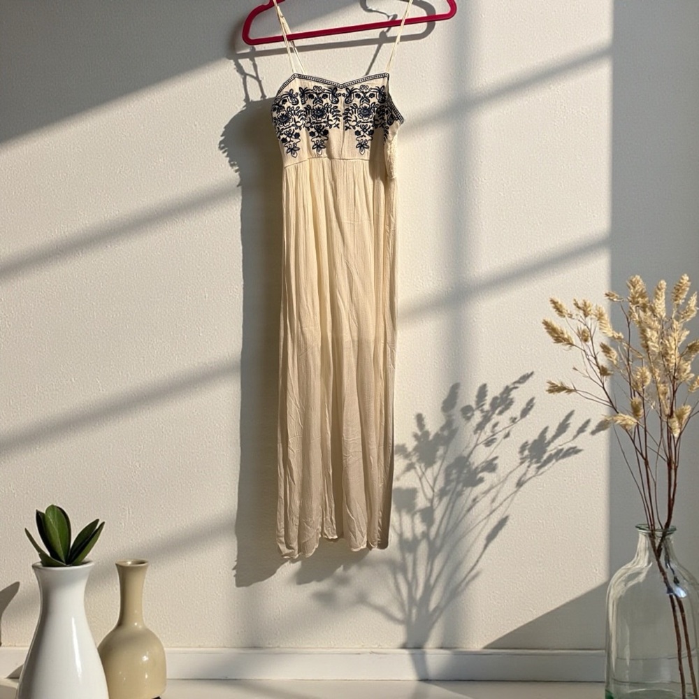 Chic Cream and Black Embroidered Maxi Dress